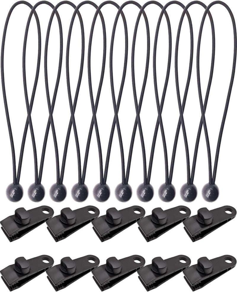 BINCKIN 20 Pcs Heavy Duty Tarp Clips with Bungee Cord Balls, Lock Grip Secure Clamps for Tent, Canopy, Awning & Camping Gear (Black) - Image 1